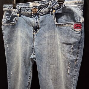 Ecko Red Womens Y2K Distressed Straight Leg Jeans Blue Rhino Logo Sz 16 Retro